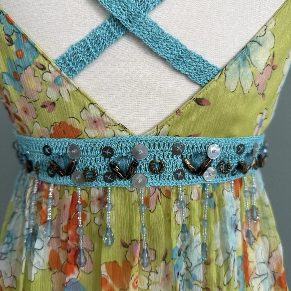 100% Silk Sue Wong Green Multicolor Beaded Floral Maxi Dress Blue Crochet - Picture 7 of 13